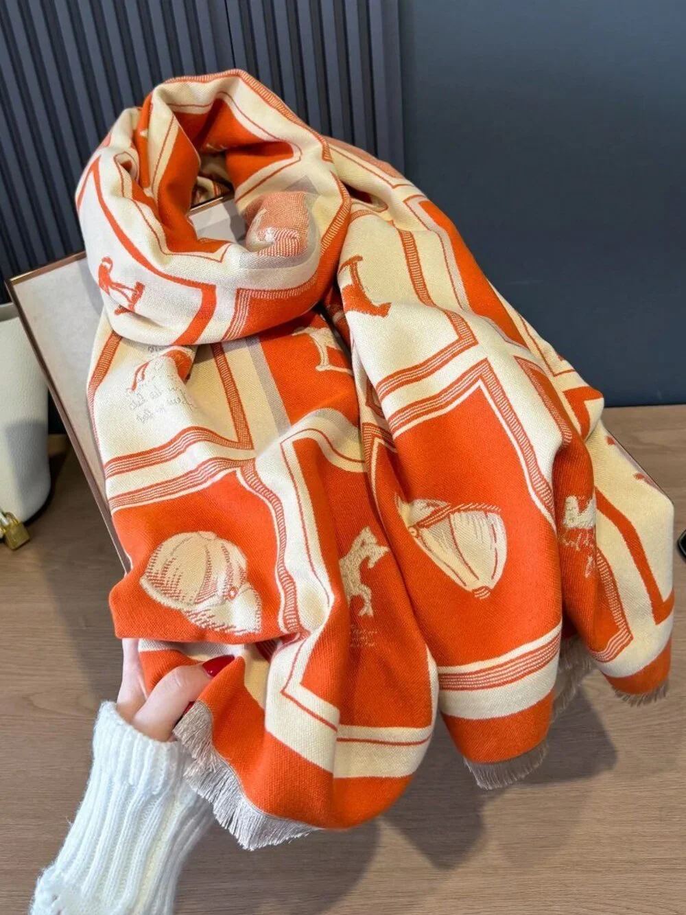 Orange Animal Jacquard Women's Elegant Scarf Shawl Blanket Neck Warmer Regular